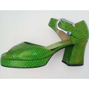 Vintage Japanese Ginza/Tokyo Green Snakeskin Leather Block Heel Sandals Sz 5.5
